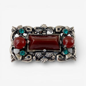 Antique Celtic Art Deco Carnelian Brooch, ocean green rhinestones. Scottish